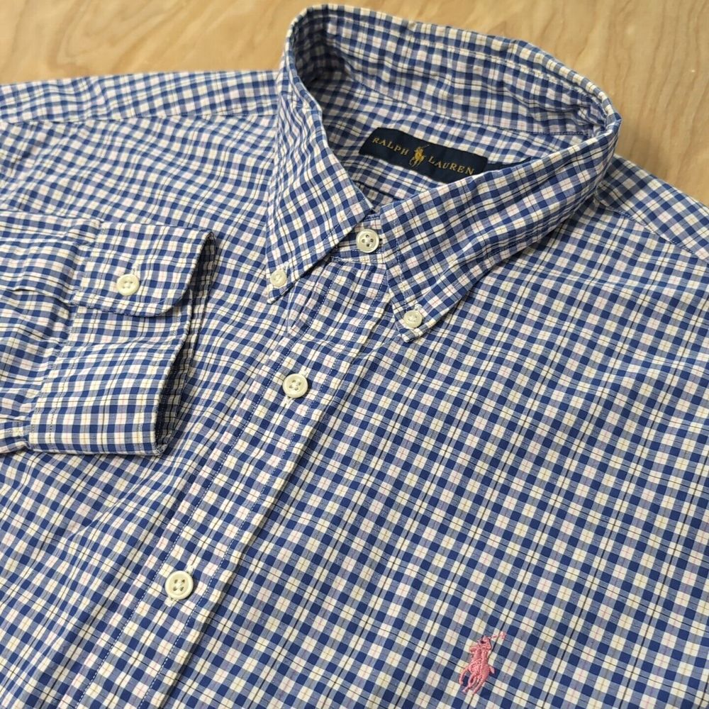 Ralph Lauren Button Down Shirt Mens XL Blue‎ White Pink Gingham Check Oxford